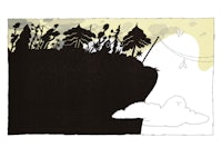 a black and white illustration of a cliff with trees and clouds
